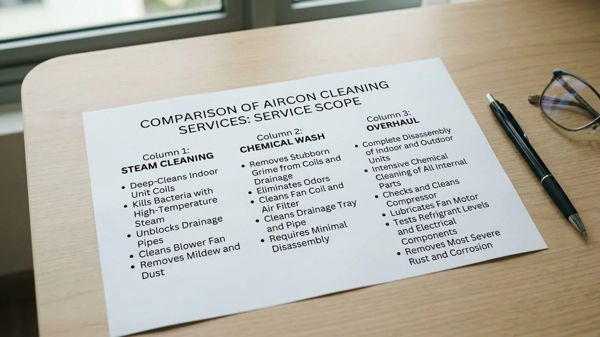 Aircon steam cleaning vs chemical wash vs overhaul scope comparison chart by iCare Aircon Singapore