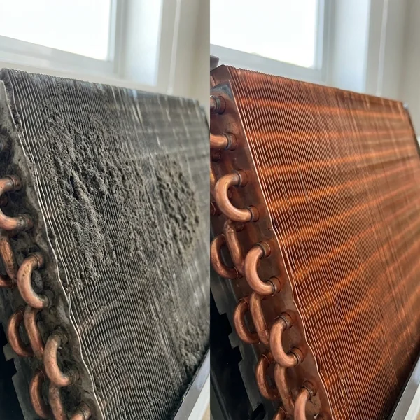 Before and after aircon chemical wash on evaporator coil in a Singapore condo