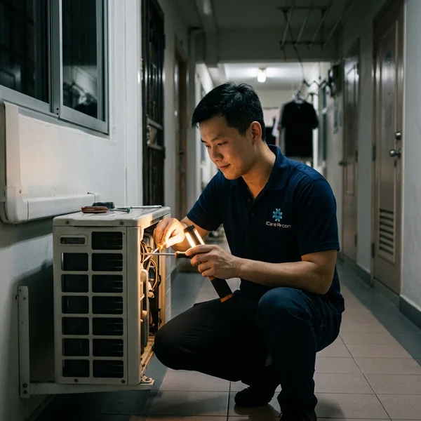 Emergency late-night aircon repair by iCare technician in a Singapore residential home
