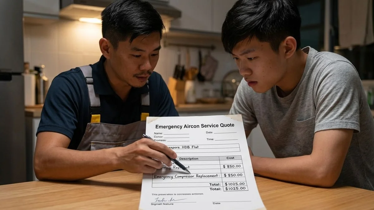 iCare Aircon repair pricing breakdown showing diagnostic and labour costs for HDB flats, condos, and landed homes in Singapore