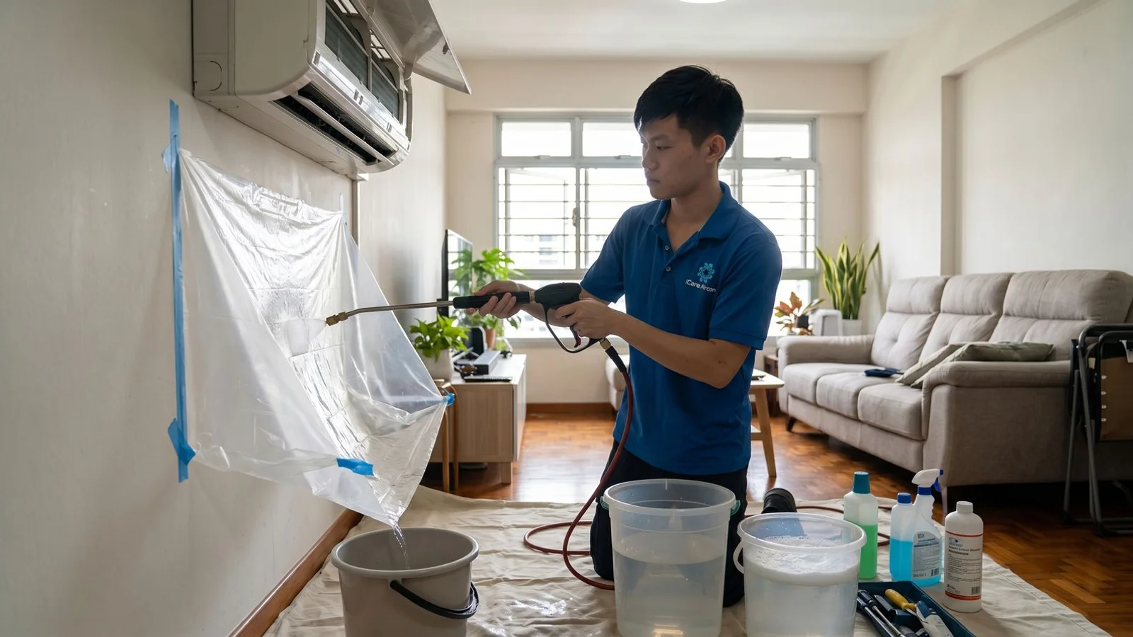 iCare Aircon technician performing chemical wash on wall-mounted fan coil unit in Singapore HDB flat