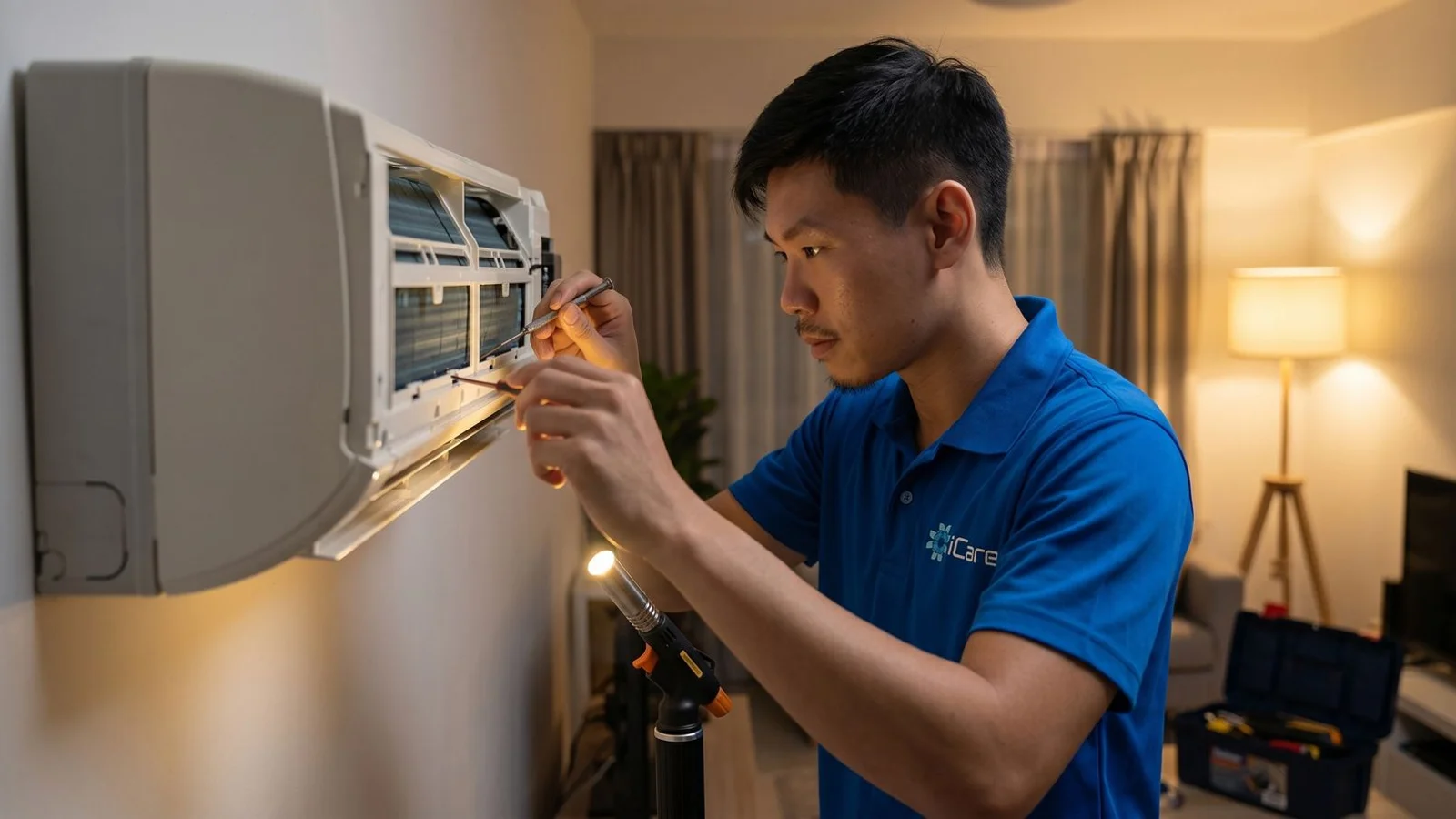 iCare Aircon technician diagnosing a wall-mounted split unit during an emergency aircon repair call-out in Singapore