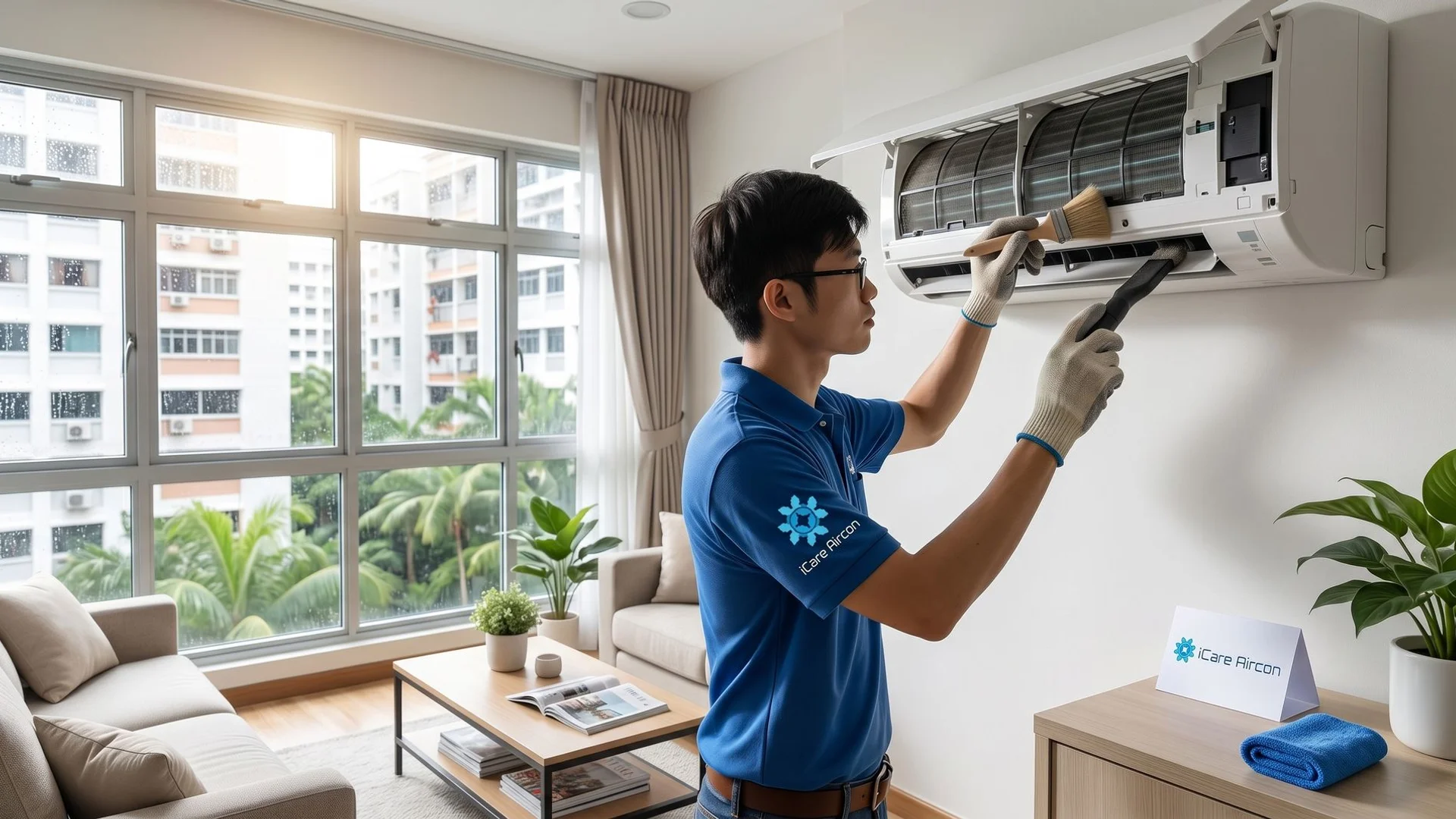 iCare Aircon technician servicing a wall-mounted unit in a Singapore HDB living room